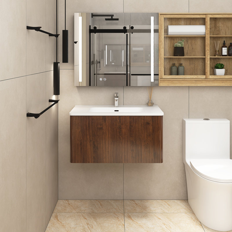 Ensemble de meuble-lavabo simple 29,9 po avec plateau Treisa, Noyer
