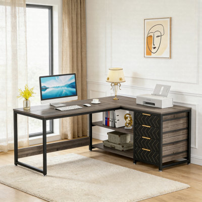 Bureau en L 59 po réversible - Bureau d'ordinateur d'angle avec tiroirs et tablettes