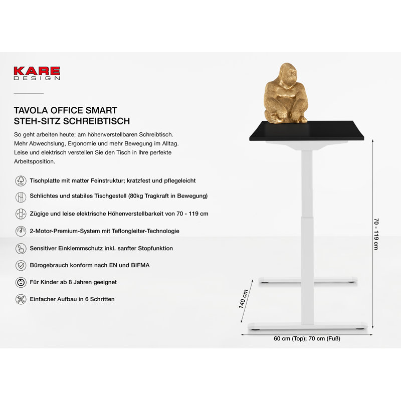 Desk Office Smart, Black, White, 120cm H x 140cm W x 70cm D