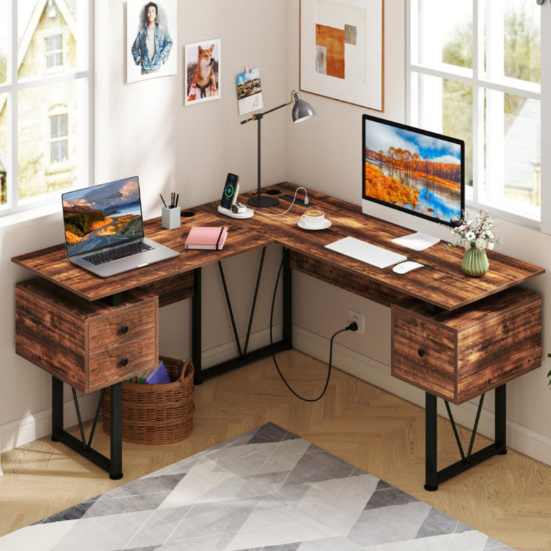 Bureau d'ordinateur en L avec prises de courant et 3 tiroirs de rangement