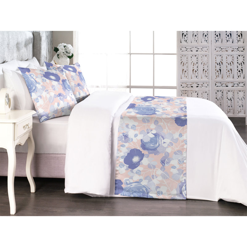 Ambesonne Winter Flowers Bed Runner Set Retro Simple Petals Blush Lavender Blue, King