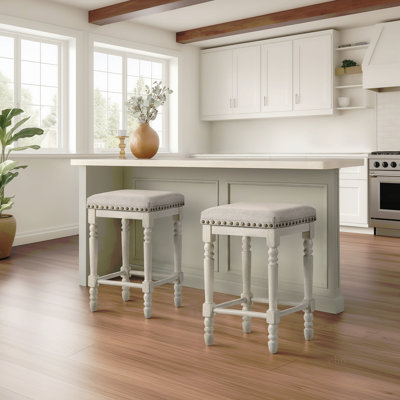 Tasnim Tan Fabric & Antique White Finish Counter Height Stool (Set of 2)