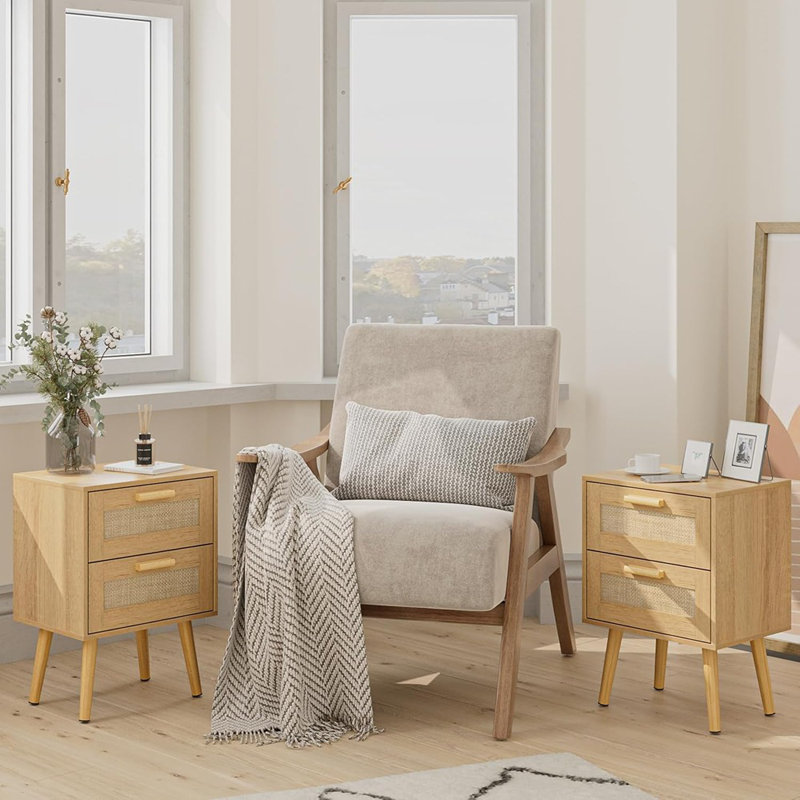 Rattan Night Stand,Modern Nightstand Boho Bedside Table W...