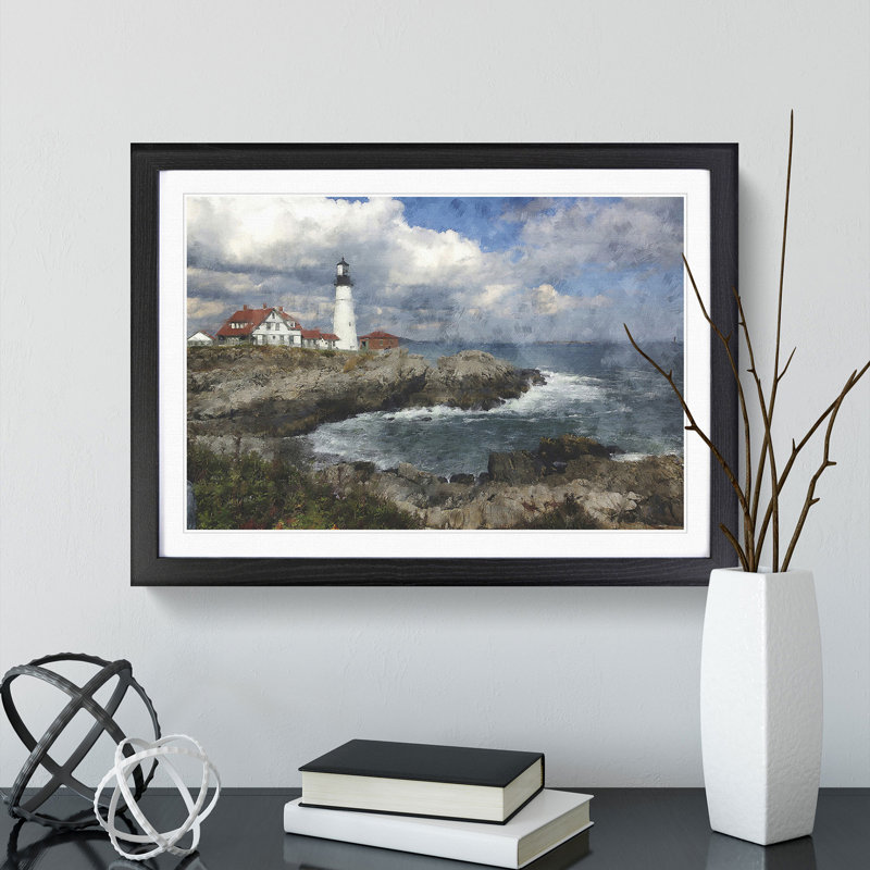 Lighthouse in Maine - Picture Frame Graphic Art, 27cm H x 36cm W x 2cm D, Black Framed