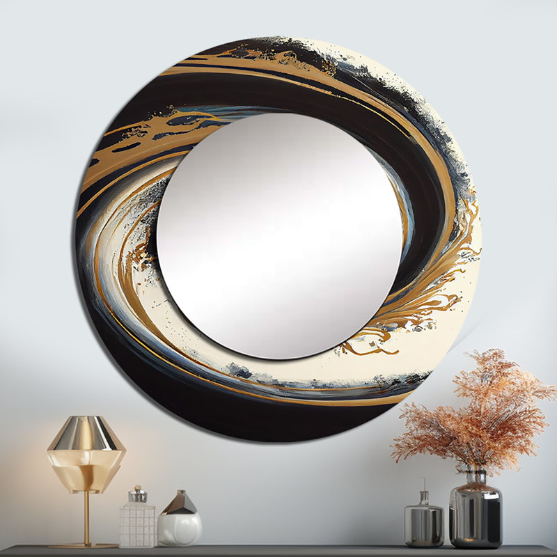 Persijs, cercle noir et or V - grand miroir à spirales abstraites, décor de miroir mural unique et moderne, impression d'art en métal