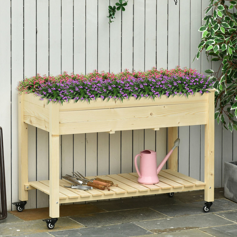 Jardinière surélevée en bois 47 po x 22 po 33 po - Lit surélevé avec roulettes verrouillables pour patio, 2 tablettes de rangement pour la cour arrière