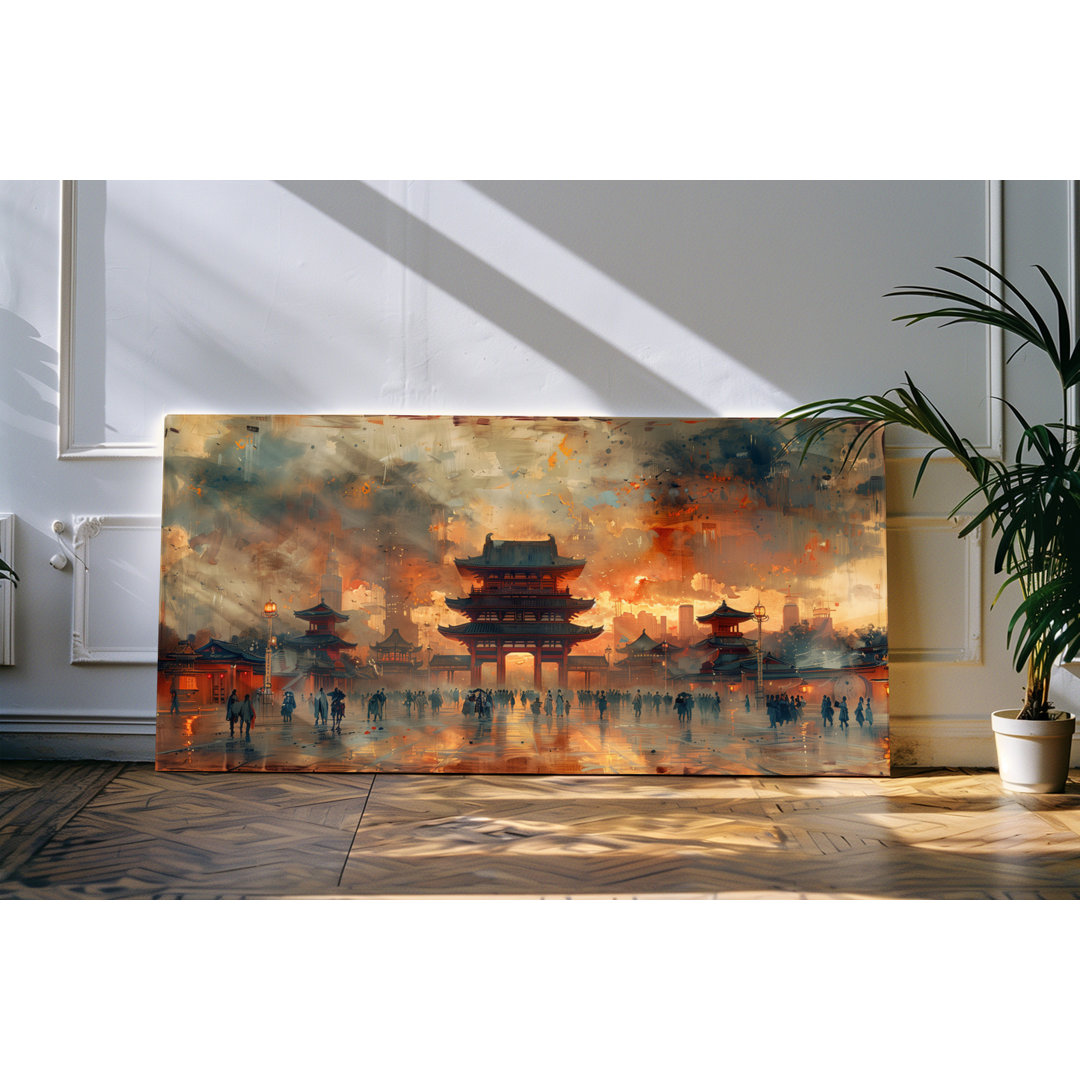 Bilder auf Leinwand 120x60cm Stadt in Asien Traditionelle Gebäude Abstrakt Rot Kunstvoll