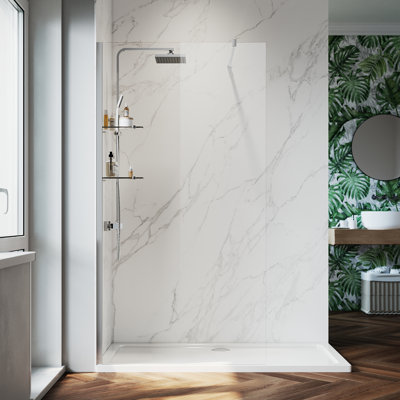 100*185*0.6cm, Silver Frameless Walk-In Shower Enclosure with Glass Shelf