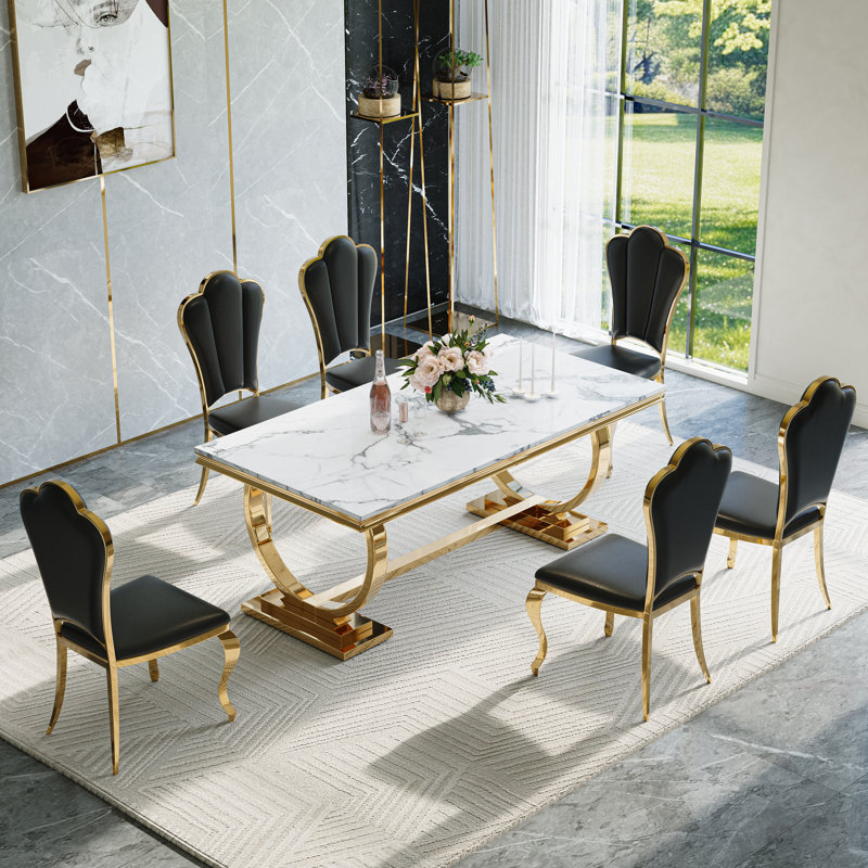 Ensemble de table de salle à manger 7 pièces, table de salle à manger en placage de marbre et 6 chaises en cuir, Marbre blanc