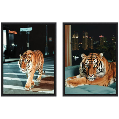 «Tiger in the City at Night», ensemble d'art mural sur toile par Michael Schauer