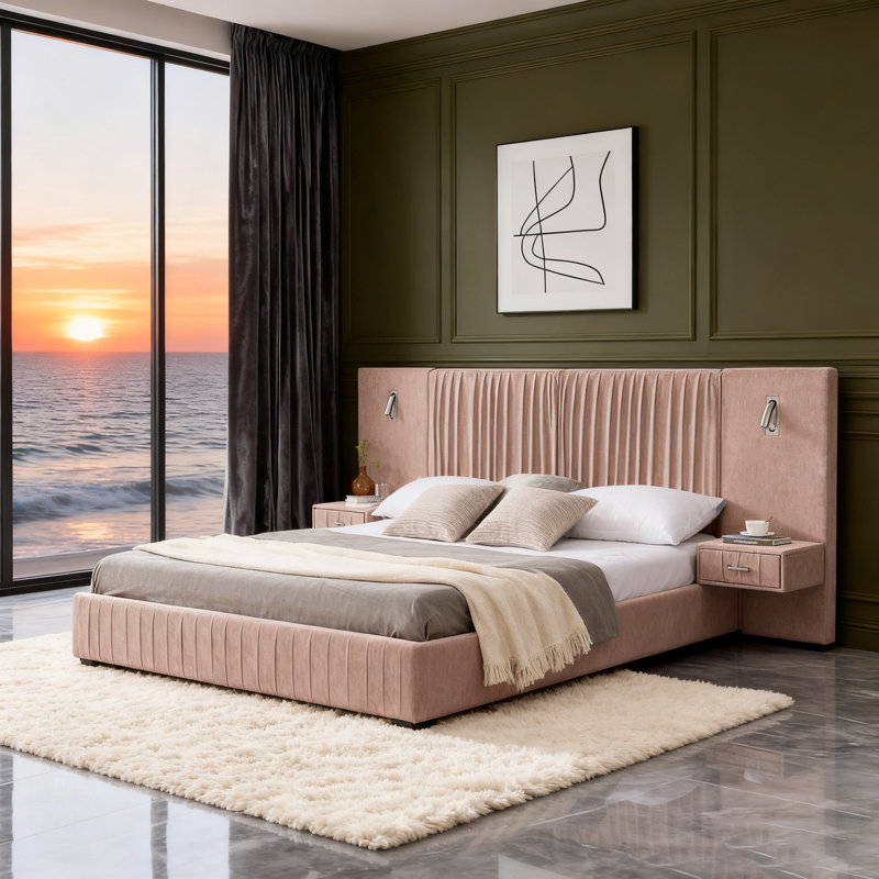 Chenille Upholstered Bed Frame With Pleated Design, Grounded Platform, Headboard, Solid Frame, And Bedside Table, No Box Spring Needed
