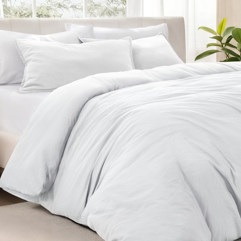 Washed Microfiber Duvet Cover Set, Queen Duvet Cover + 2 Standard Shams, Sandwash White