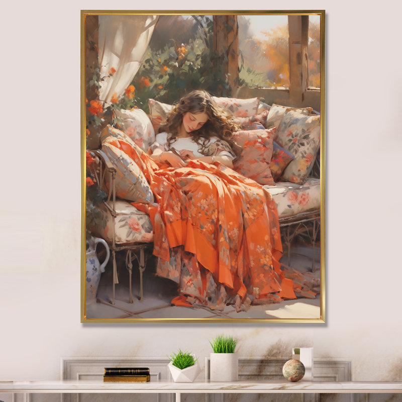 Portrait impressionniste, femme élégante rêveuse - impression, Cadre flottant doré, H 40 po x l 30 po x P 1,5 po