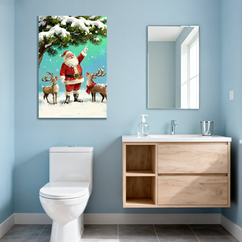 Noël père Noël avec renne dans la forêt enneigée, H 30 po x l 20 po