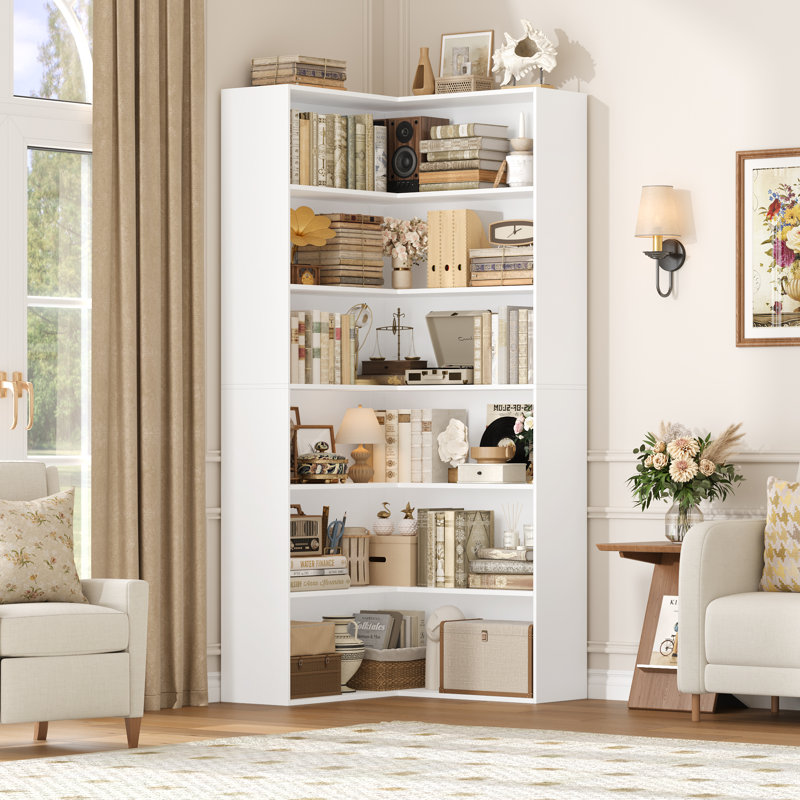 73.5" H Corner Bookcase 6 Tier L-Shaped Bookshelf, White