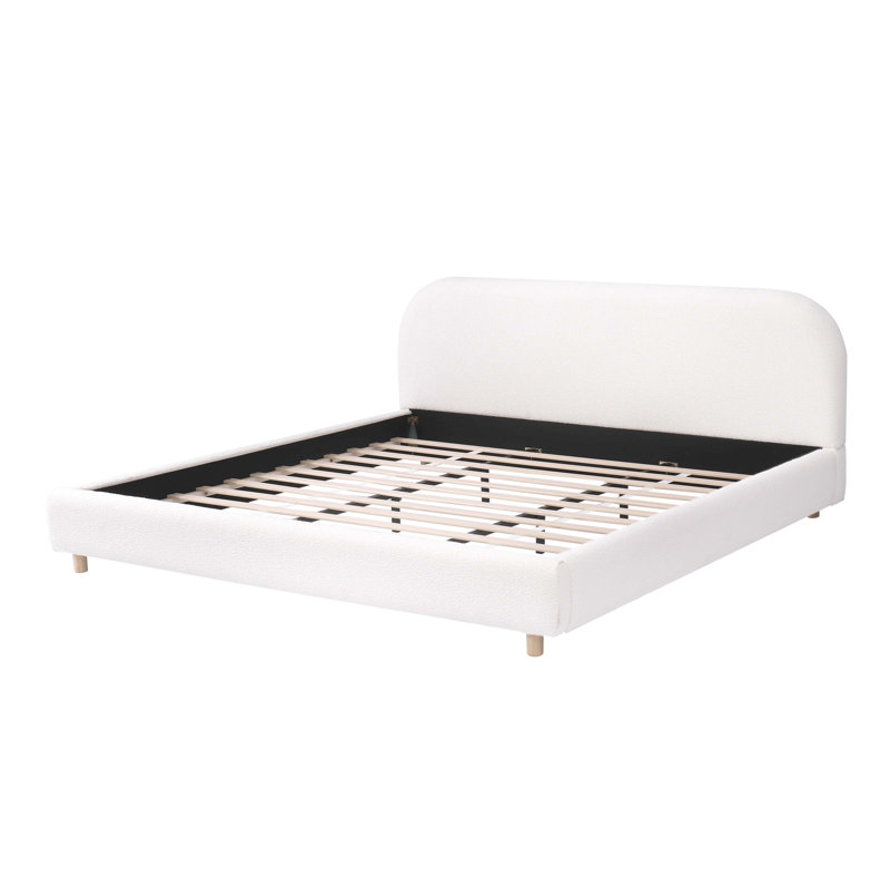 Platform Bed With Boucle Fabric, Boucle Fabric Upholstered Platform Bed With Curve-Shaped Design Headboard, King