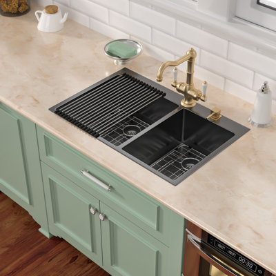 33" L x 22" W Drop-In Double Bowl Kitchen Sink Handmade Stainless Steel Topmount Kitchen Sink with Basket Strainers and Sink Grids