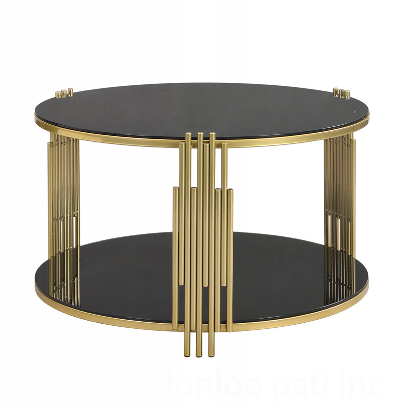 Stylish Modern Coffee Table with Asymmetrical Metal Structure, Circular Drum Base, and Lower Shelf for Enhanced Decor and Functionality.