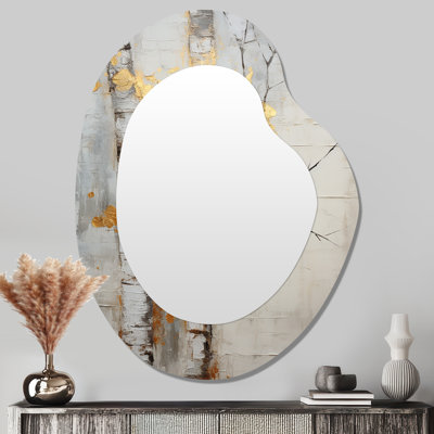 Tree Whispers Of Grey & Yellow III - miroir décoratif asymétrique monochrome, miroir mural de forme irrégulière jaune, impression sur métal