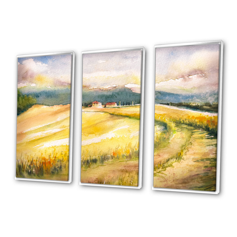 «Golden Fields of Tuscany Italy», reproduction sur toile flottante 3 pièces, H 28 po x l 36 po, Blanc