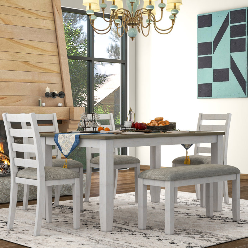 Six-Piece Dining Room Table Set Comprising Four Upholstered Chairs and a Bench for Family Gatherings and Dinner Parties