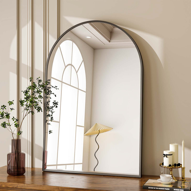 Lilaram Arched Metal Framed Wall Mirror Bathroom Mirror, Black, 91.4cm H x 61cm W