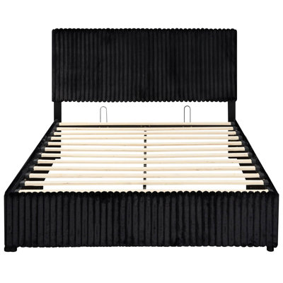 Grand lit escamotable avec rangement hydraulique, support en lattes de bois, noir