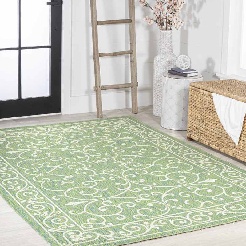 Debbe Vintage Filigree Textured Weave Green/Ivory Indoor/Outdoor Rug, Rectangle 3'1" x 5'