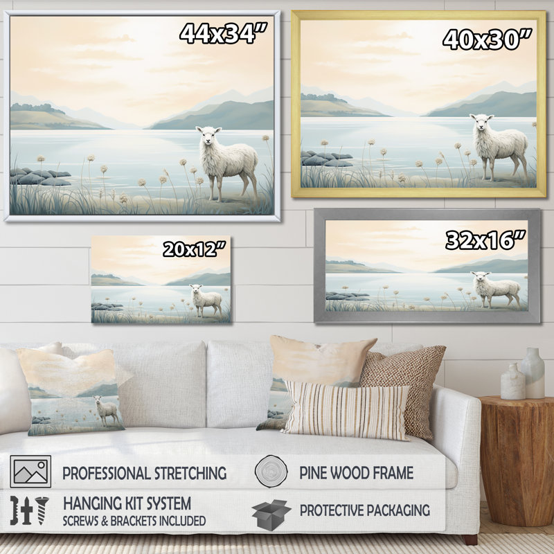 Minimalisme, moutons sur la plage I - impressions sur toile de moutons, Cadre flottant noir, H 30 po x l 40 po x P 1,5 po