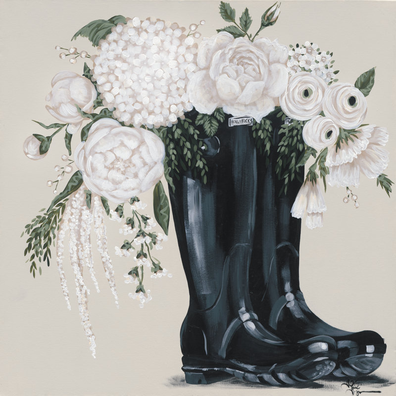Fleurs et bottes noires par Hollihocks Art - Peinture, H 36 po x l 36 po, Non, Walnut Single Picture Framed Paper