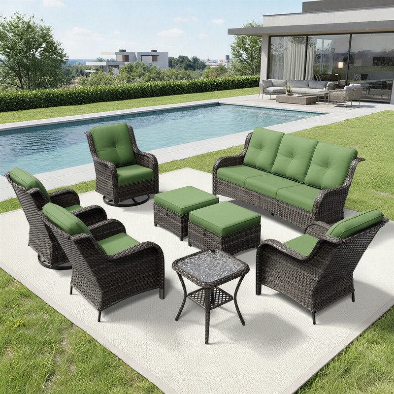 Ensemble de conversation en osier pour 7 personnes avec chaises pivotantes, ensemble de conversation en rotin toutes saisons avec coussins Holoman