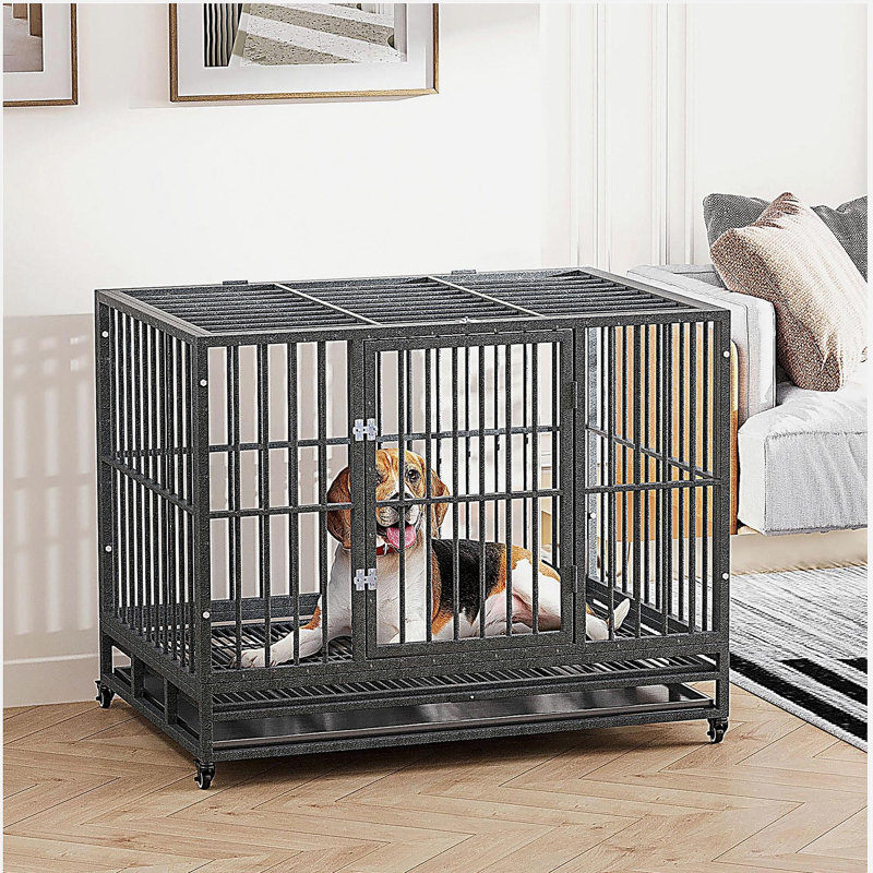 Cage pour chien en cage robuste de 43 po PawHut avec roues verrouillables, porte double et plateau amovible, gris