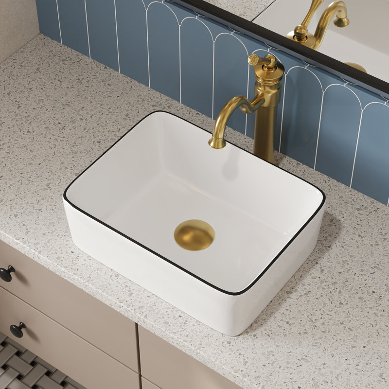 Deervalley Liberty 16'' X 12'' Rectangular Vitreous China Vessel Bathroom Sink, White With Black Striped Edge