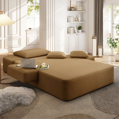 Luxueuse chaise longue en velours côtelé moelleux avec 3 coussins, canapé-lit convertible avec poche de rangement, conception sans cadre et mousse de compression pour les petits espaces, salon, appartement