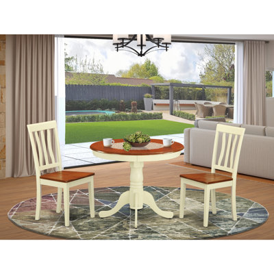 3 Piece Dining Table Set for Small Spaces Contains a Round Kitchen Table with Pedestal and 2 Dining Chairs, Buttermilk & Cherry