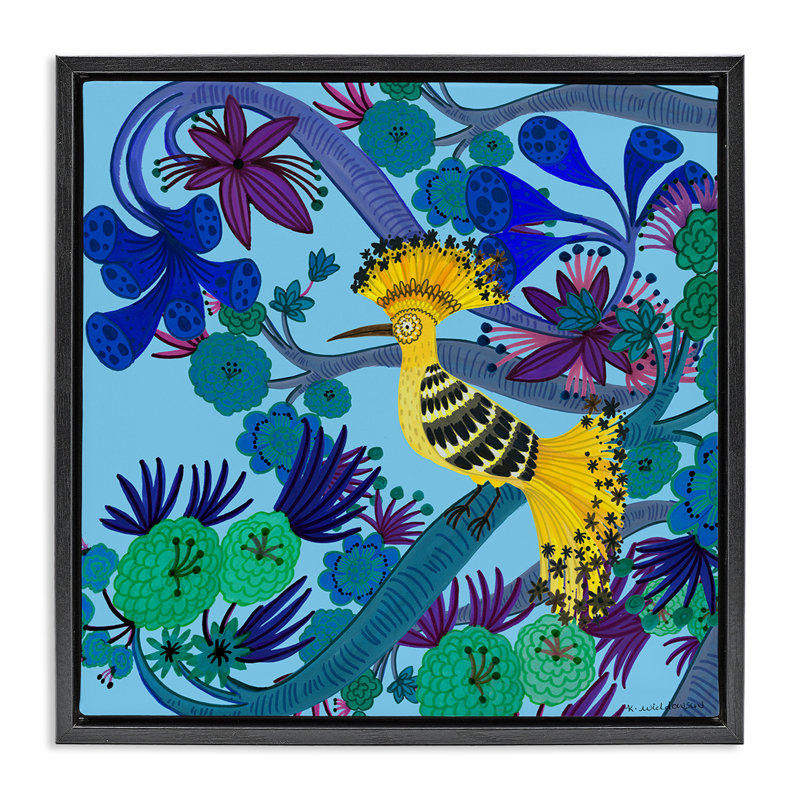 Whimsical Yellow Bird & Flowers Floating Frame, design by Kay Widdowson, Black, 18" H x  18" W