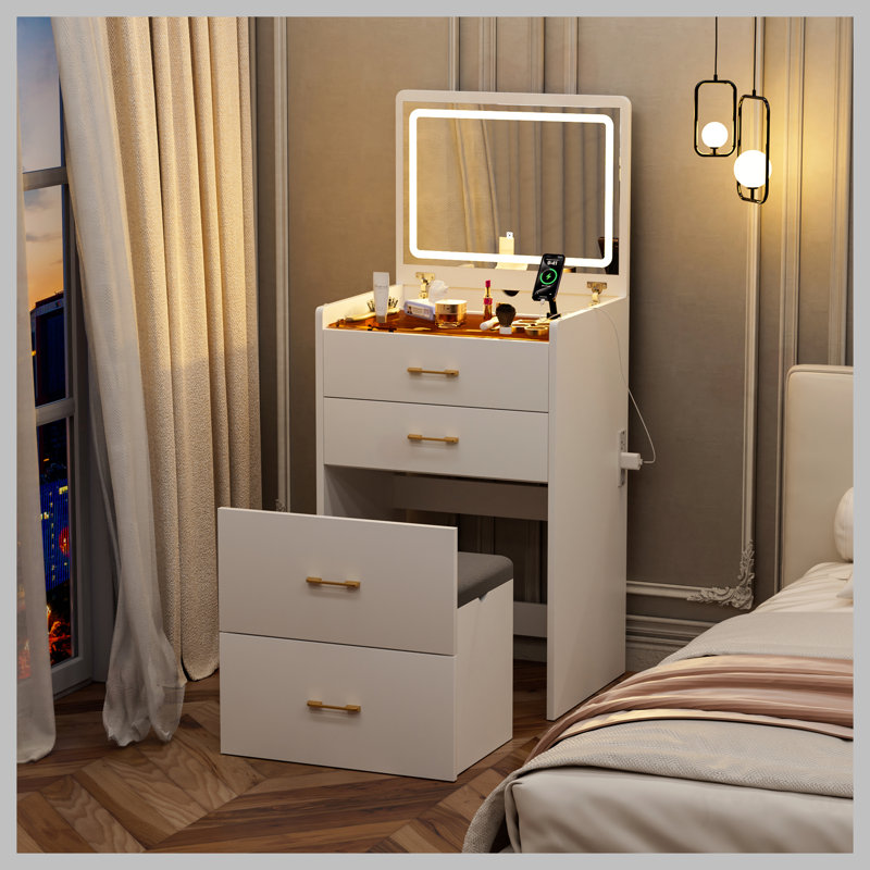 3 in 1 Vanity Desk with open Top Mirror,Make Up Vanity Set with Visible Glass Desktop,Compact Makeup Vanity with 3 Drawers and stool,Dressing Table for Bedroom
