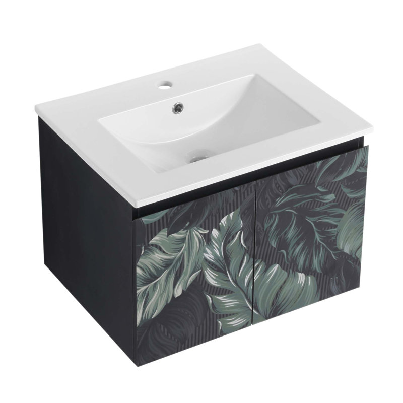 Meuble-lavabo mural flottant 24 po avec lavabo en céramique et porte d'armoire à fermeture en douceur, parfait pour les espaces modernes et compacts