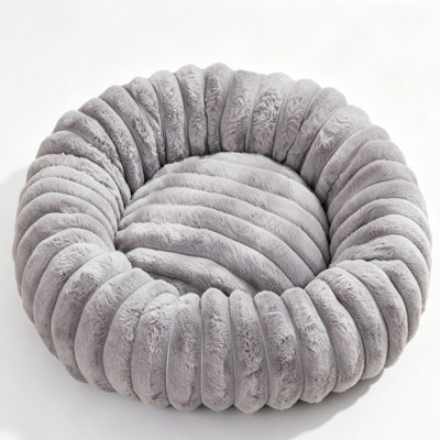 Plush Ribbed Round Donut Pet Bed, Ultra Soft Fluffy Warm Calming Cat & Dog Nest, Solid Cozy Anti-Anxiety Pet Cushion Bed for Small Medium Cats & Dogs Indoor Winter Use