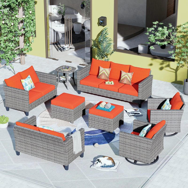 Rhyis 9 - Person Patio Conversation Set with Cushions, Orange/Red
