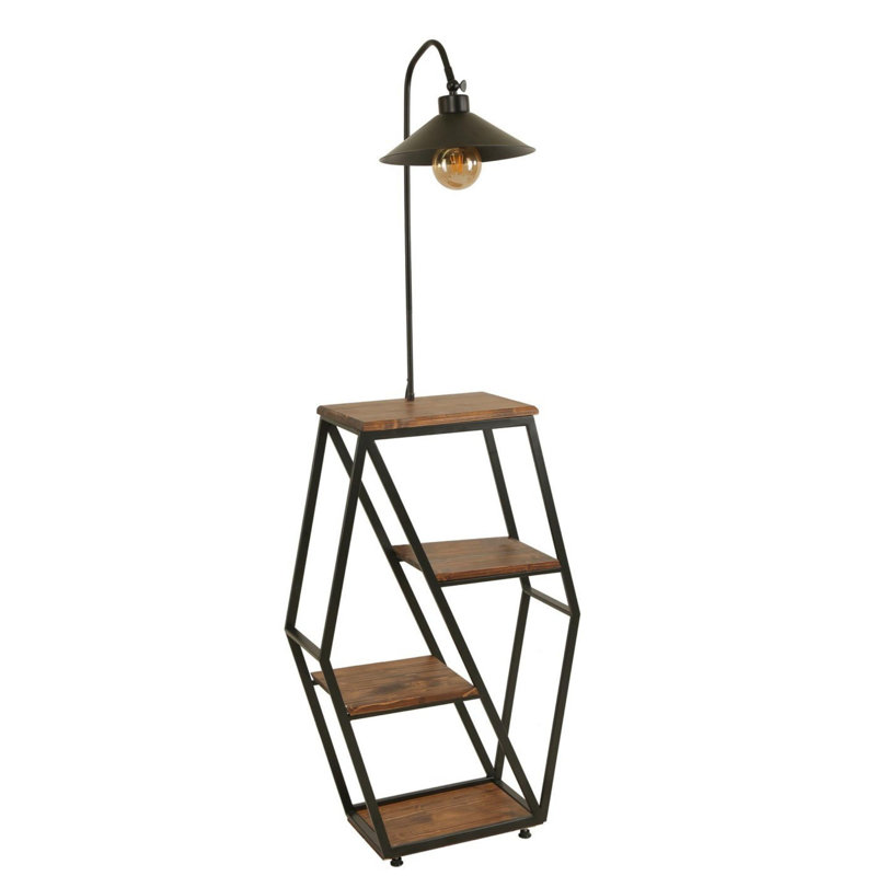 Lampe sur pied en noyer Luro avec structure en métal et bibliothèque en bois sapin, hauteur totale 65,0 po, base 9,8 po x 9,8 po | Douille E27, 60 W maximum | Conception élégante, parfaite pour le salon et le coin lecture, solution d'éclairage durable et élégante
