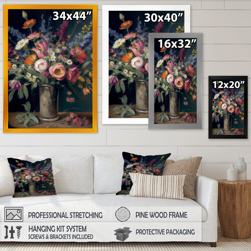 «Retro Still Life with Blossoming Wildflowers I», reproduction sur toile, H 20 po x l 12 po x P 1 po, Cadre photo noir