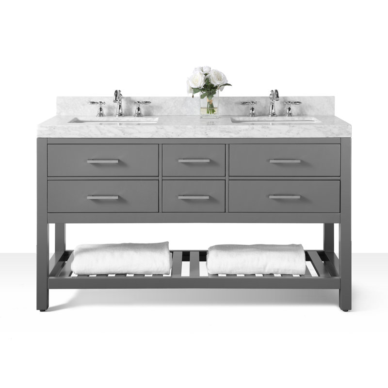 Elizabeth 60'' W Double Vanity, Sapphire Gray/Brushed Nickel, Carrara White Marble