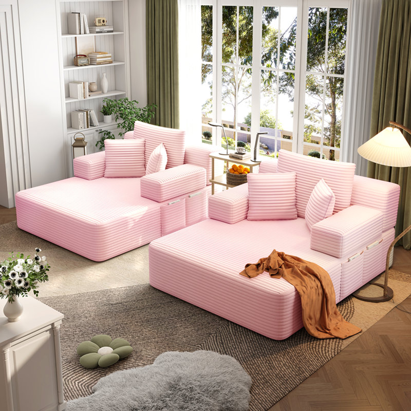 Ensemble 2 pièces surdimensionné de méridienne double, luxueux canapé convertible en velours côtelé moelleux avec 6 coussins et pochette de rangement, pour petits espaces, cinéma maison, salon, rose