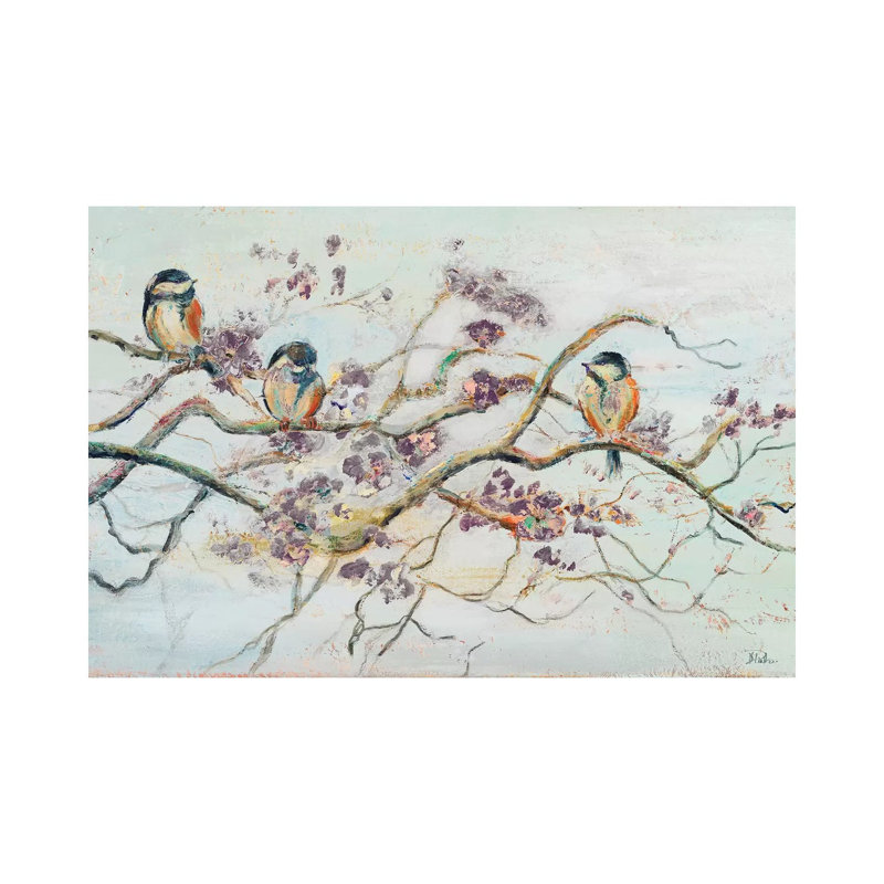 Birds on Cherry Blossom Branch - Giclée sur toile tendue avec châssis, H 12 po x l 18 po