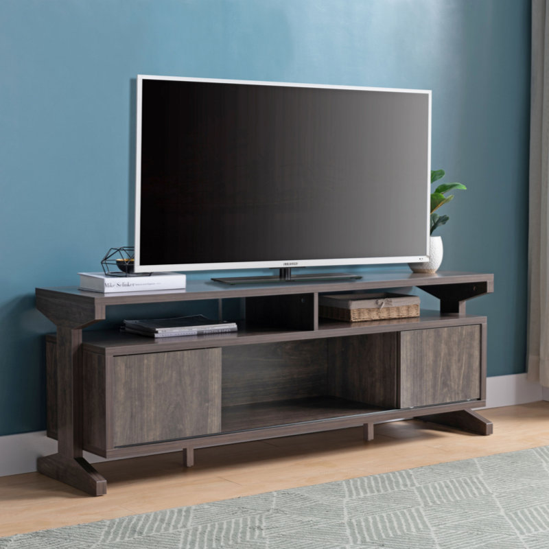 TV Stand In Brown Walnut With Sliding Doors And Five Shelves Spacious Storage For Media Consoles And Accessories, Sleek And Modern Design