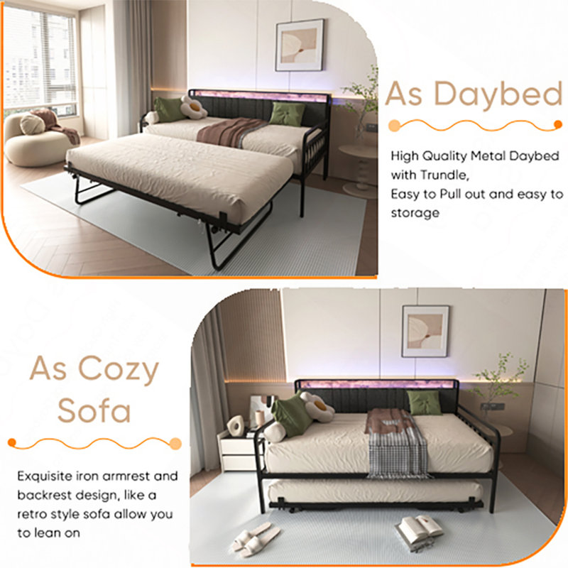 Daybed With Trundle,Sturdy Metal Bed Frame With Upholstered Headboard And Charging Station For Living Room, Bedroom And Guest Room