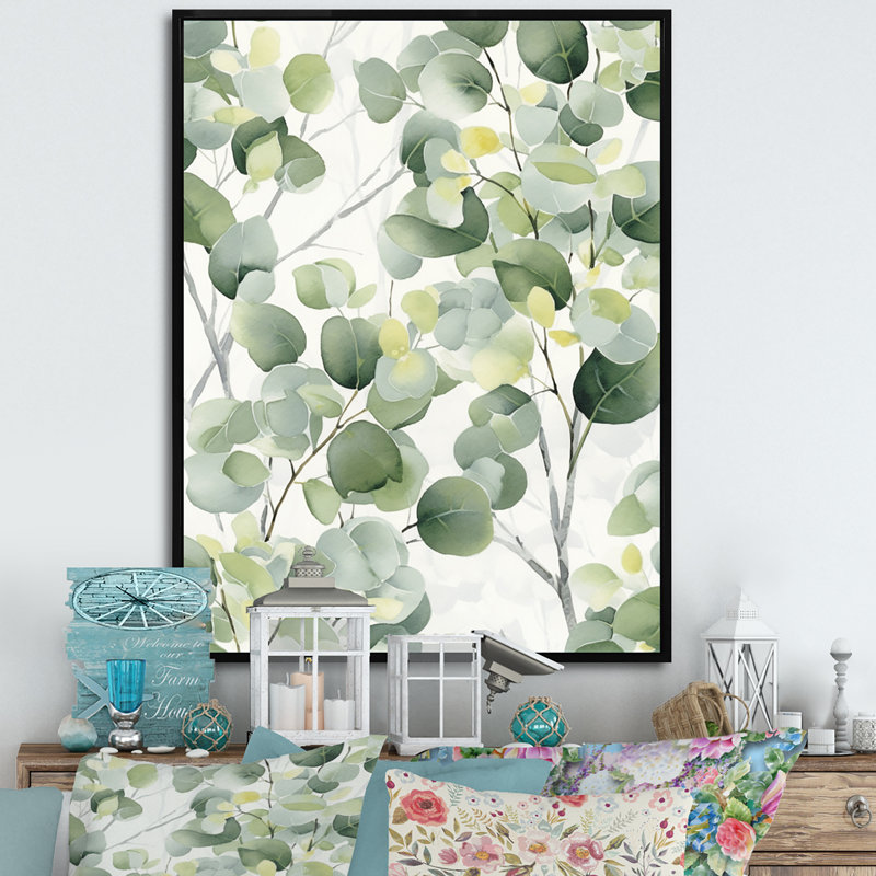 «White Green Minimalisme Eucalyptus Essence IV» sur toile, Cadre flottant noir, H 44 po x l 34 po x P 1,5 po