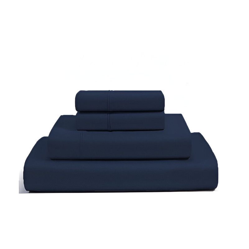 400TC Luxurious Double Embroidery Sateen Solid Cotton 4 Piece Sheet Set Fitted Sheet Fits Upto 16" Deep Pocket, Navy Blue
