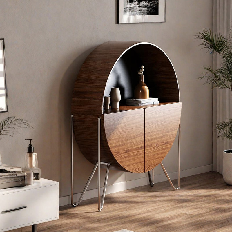 Armoire artistique ronde et multifonctionnelle, Noyer / argenté